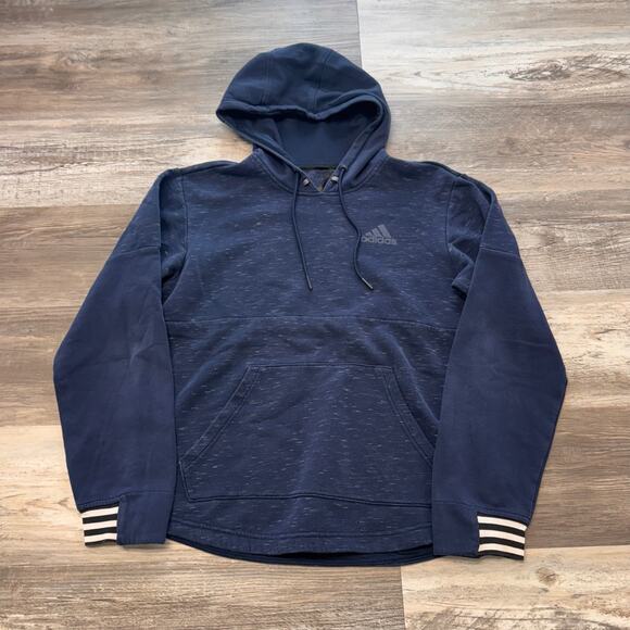 Adidas Navy Blue White Men S‎ Striped Cuffs Logo Sweatshirt Heather Hoodie - Picture 1 of 9